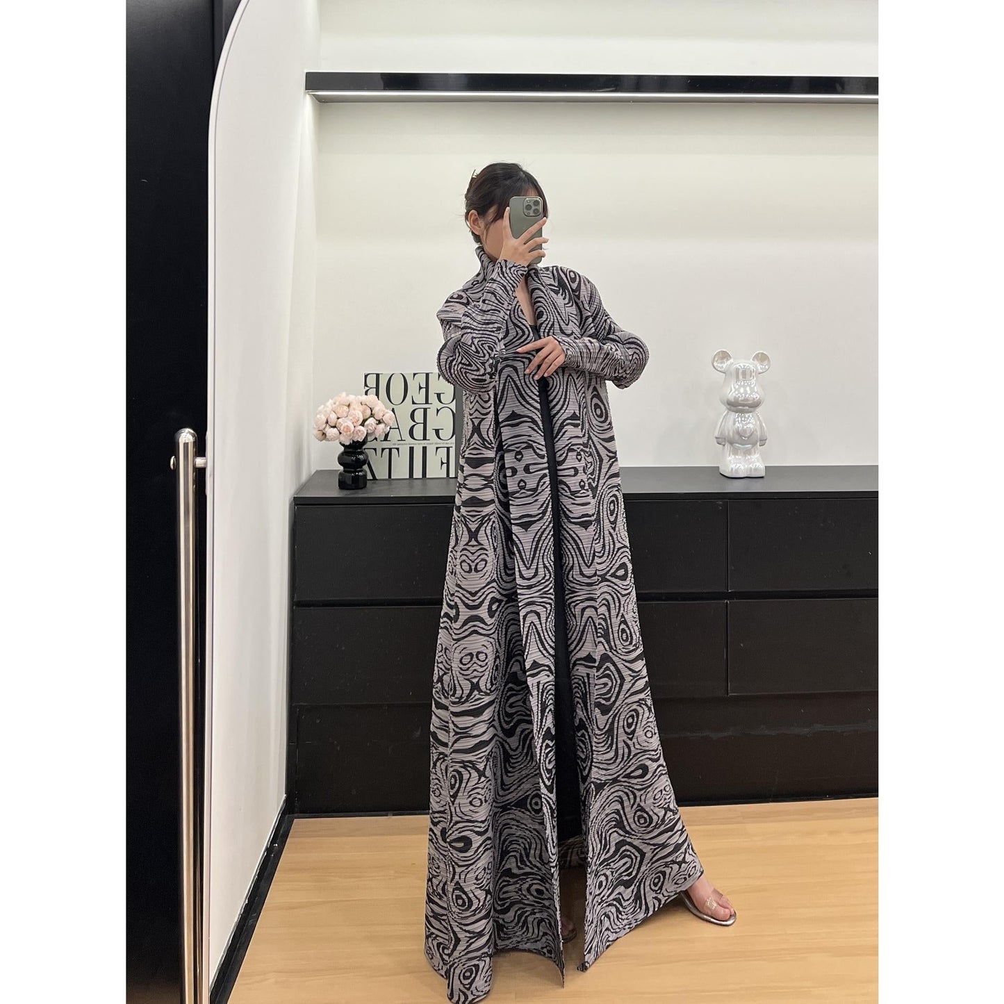 LUMAYA6723 Monochrome Swirl | Black & Grey Abstract Printed Abaya