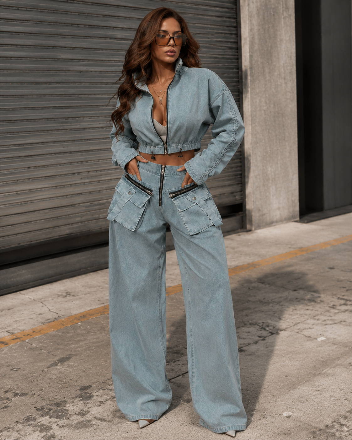 HS6306 Washed Denim Two Piece Set with Wide Leg Cargo Pants