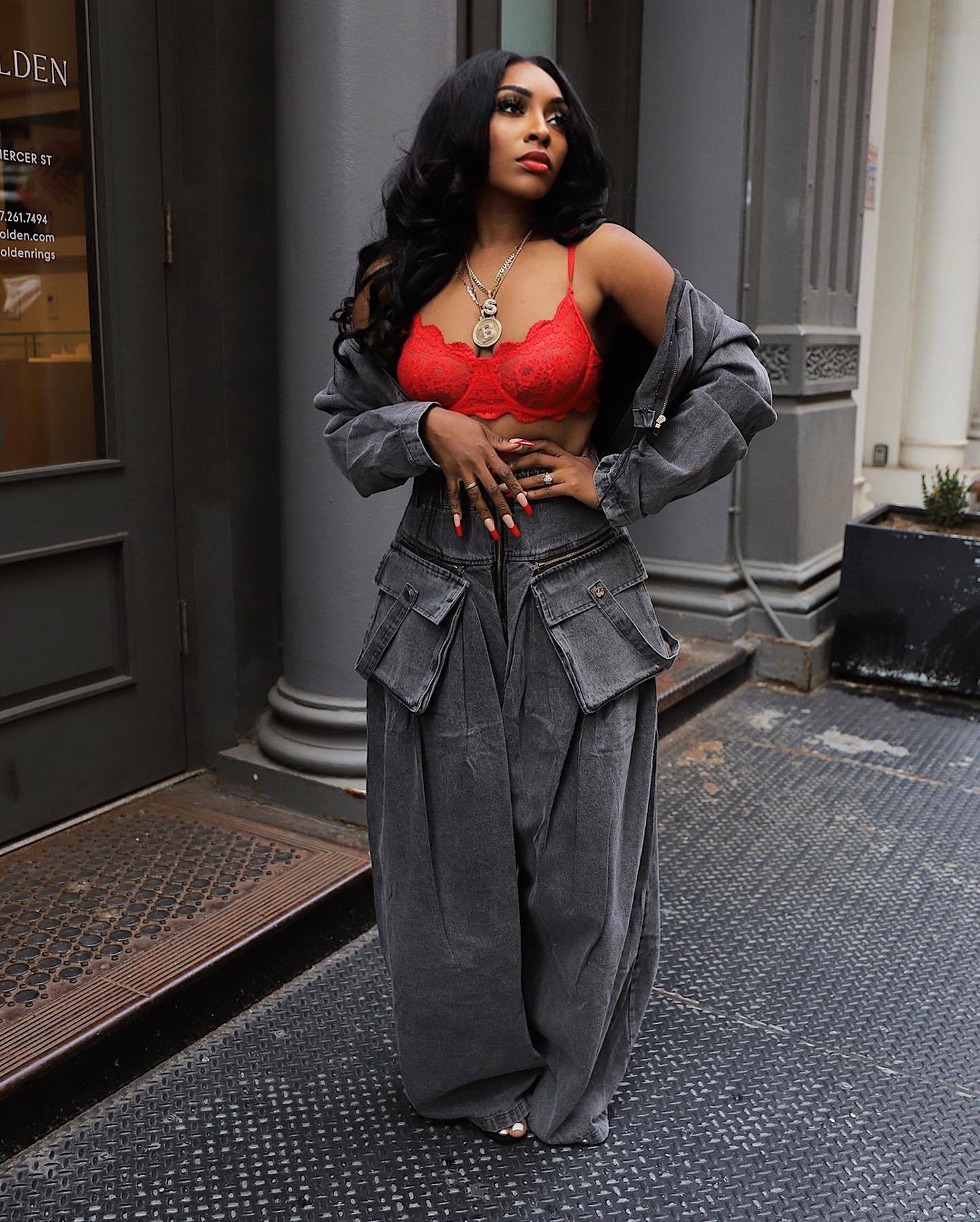 HS6306 Washed Denim Two Piece Set with Wide Leg Cargo Pants