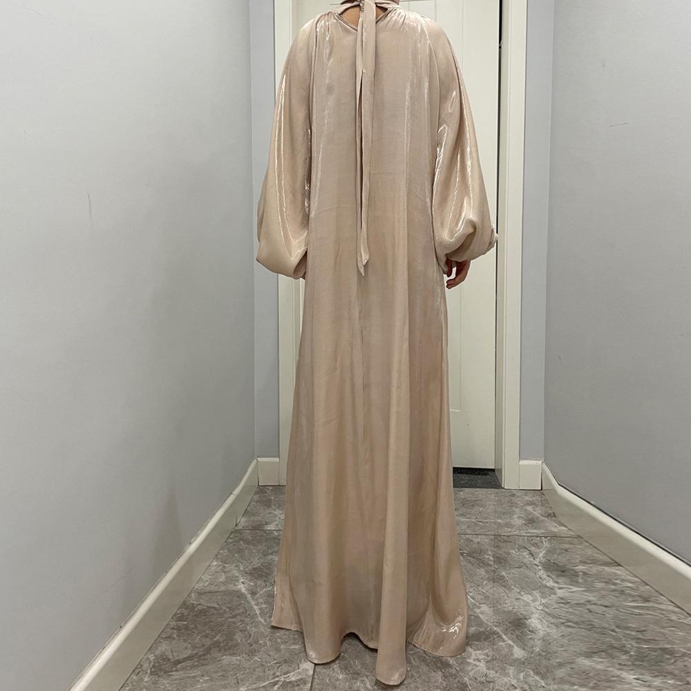 LUMAYA10043 LUMAYA  Large Lantern Sleeves Long Bright Silk Dress Stand Up Collar Back Tie Women's Dress Abaya