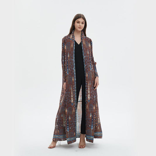 LUMAYA5848 Retro Brown Textured Open-front Long Coat