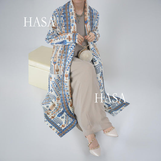 LUMAYA5849 Blue and Orange Geometric Print Open-front Long Coat (with Belt)