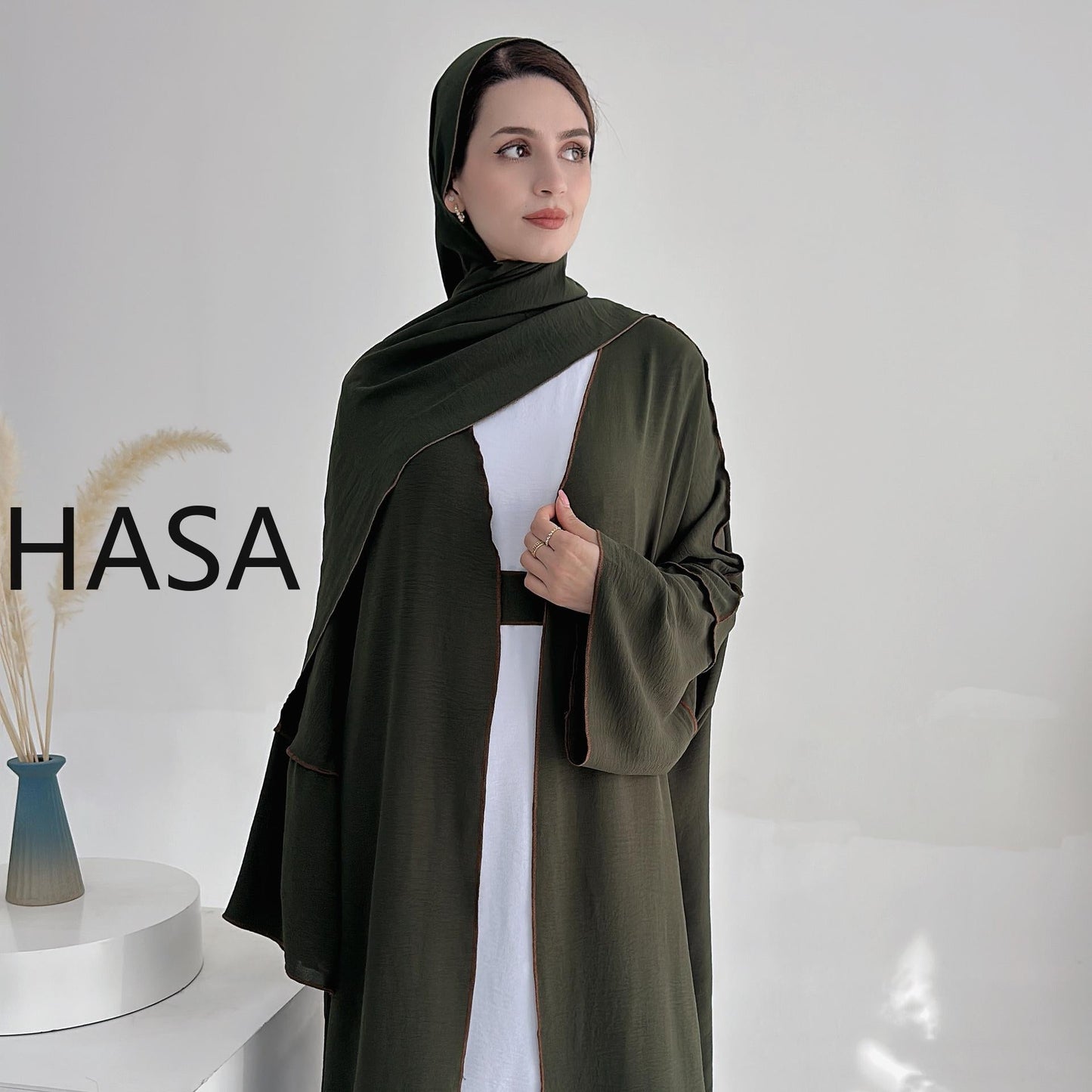 LMSA LM1246H 2 PCS SET Crepe Solid Color Loose Hem Cardigan Robe with Hijab