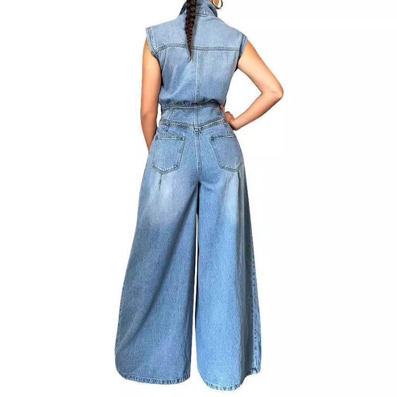 HASASERIES HS6399 Women's New Casual Sleeveless Denim Jumpsuit with Wide Legs