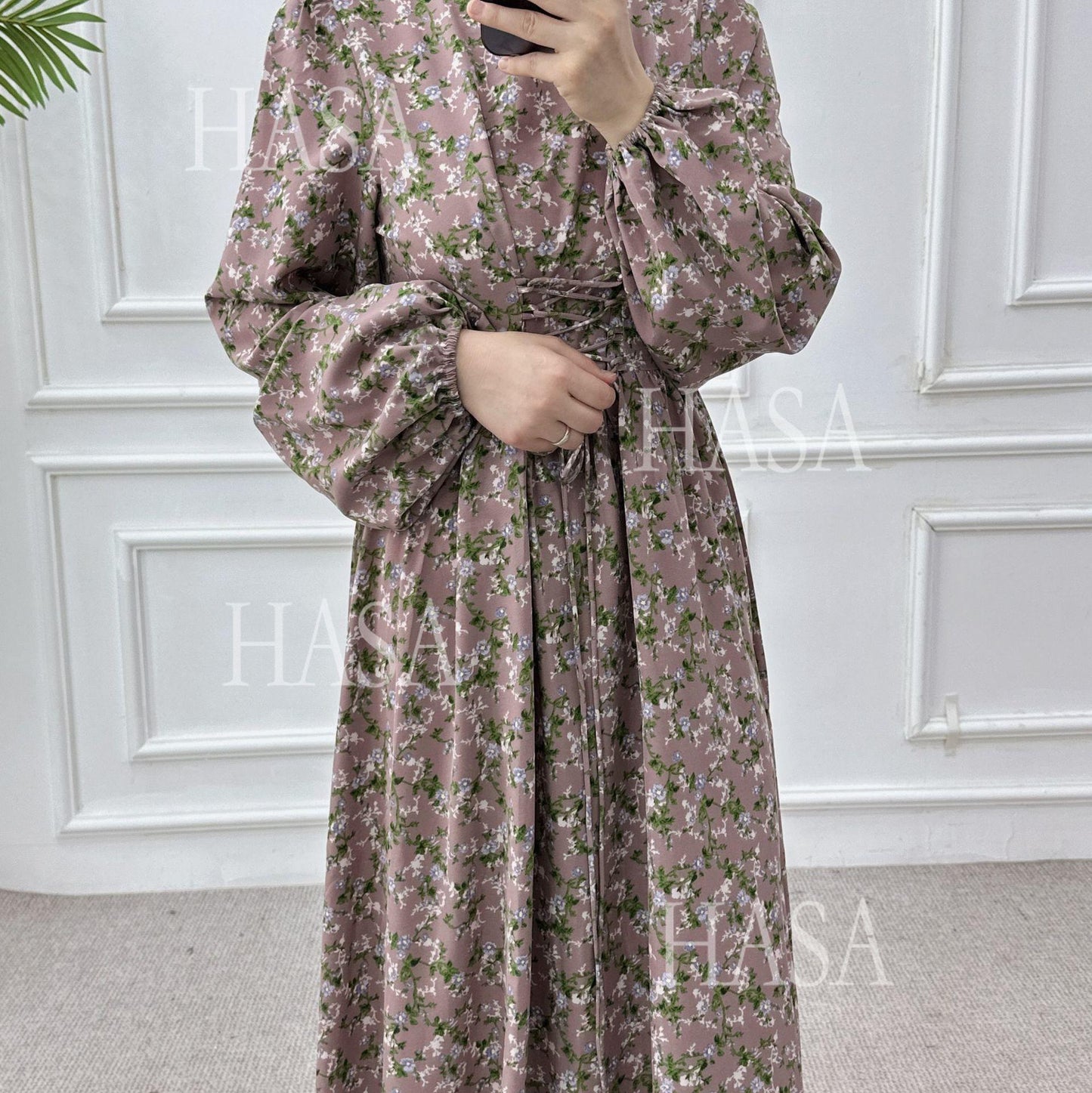 LUMAYA6489 Long-sleeved Floral Maxi Dress with Natural Waist