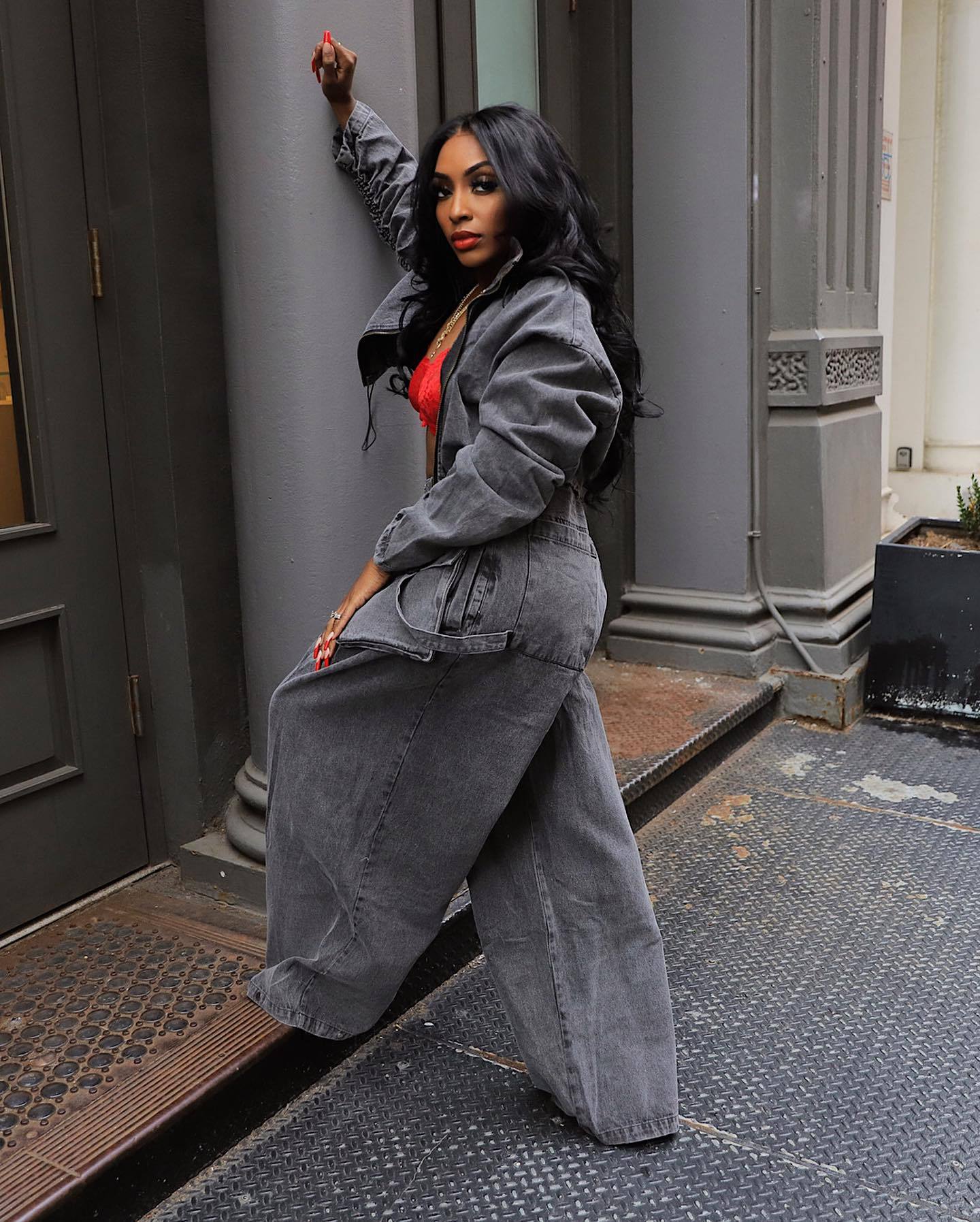 HS6306 Washed Denim Two Piece Set with Wide Leg Cargo Pants
