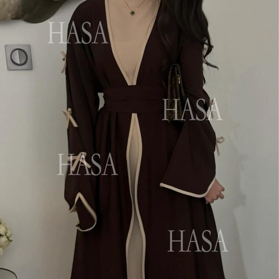 LUMAYA5883  A Two-piece Robe and Skirt Set with A Soft Bow and A Belt Design open abaya outfit