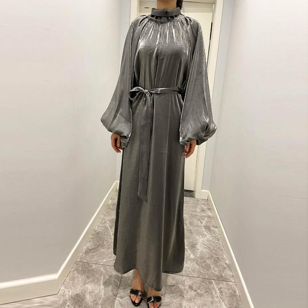 LUMAYA10043 LUMAYA  Large Lantern Sleeves Long Bright Silk Dress Stand Up Collar Back Tie Women's Dress Abaya