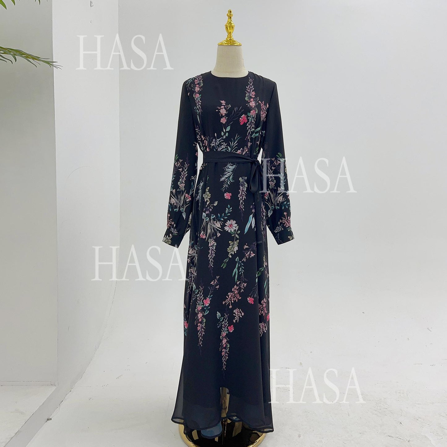 LUMAYA6531 Chiffon Printed Ankle-Length Maxi Dress with Long Sleeves