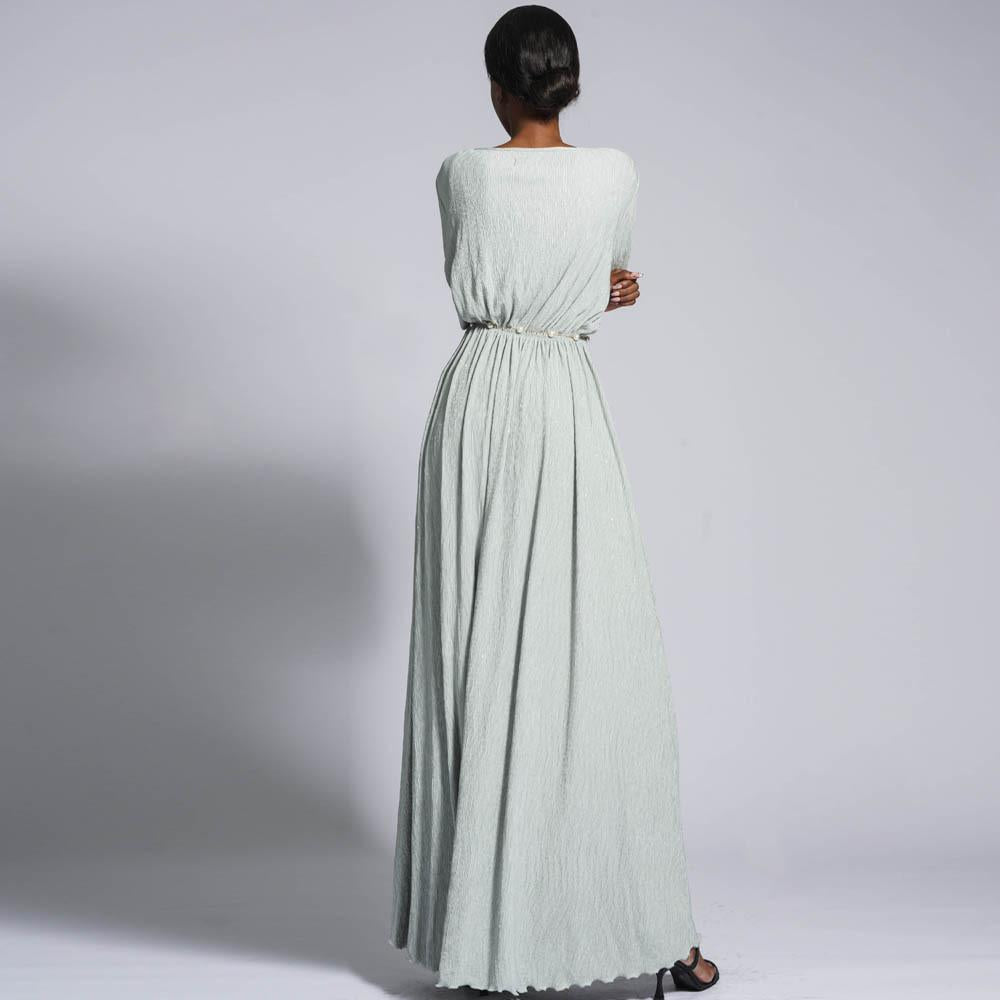 LUMAYA0434 Muslim Ladies Stretch Crumpled Sprinkle Gold Dress Solid Color Bell Sleeve Long Dress
