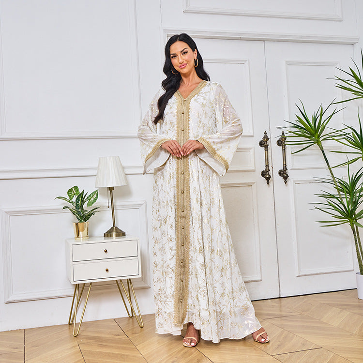 LM1249 Elegant Floral Abaya with Golden Detailing