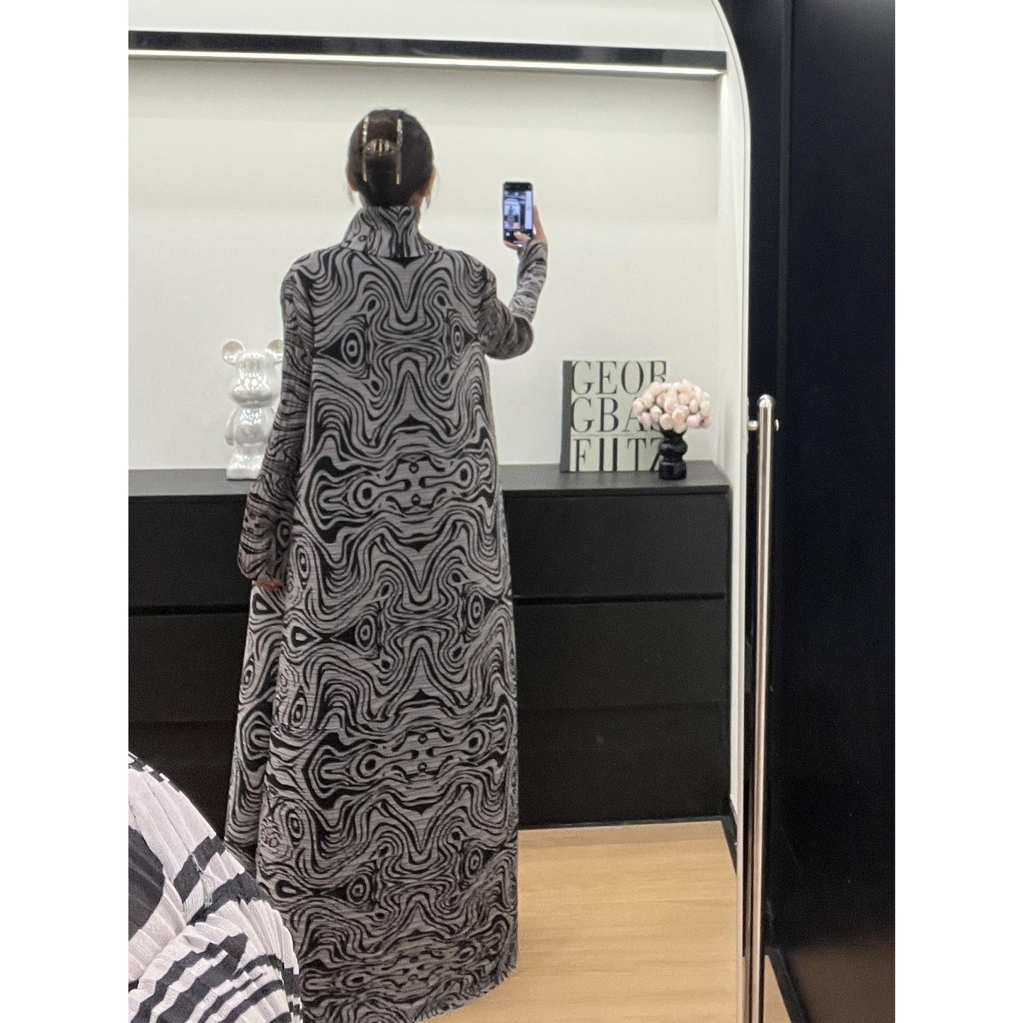 LUMAYA6723 Monochrome Swirl | Black & Grey Abstract Printed Abaya