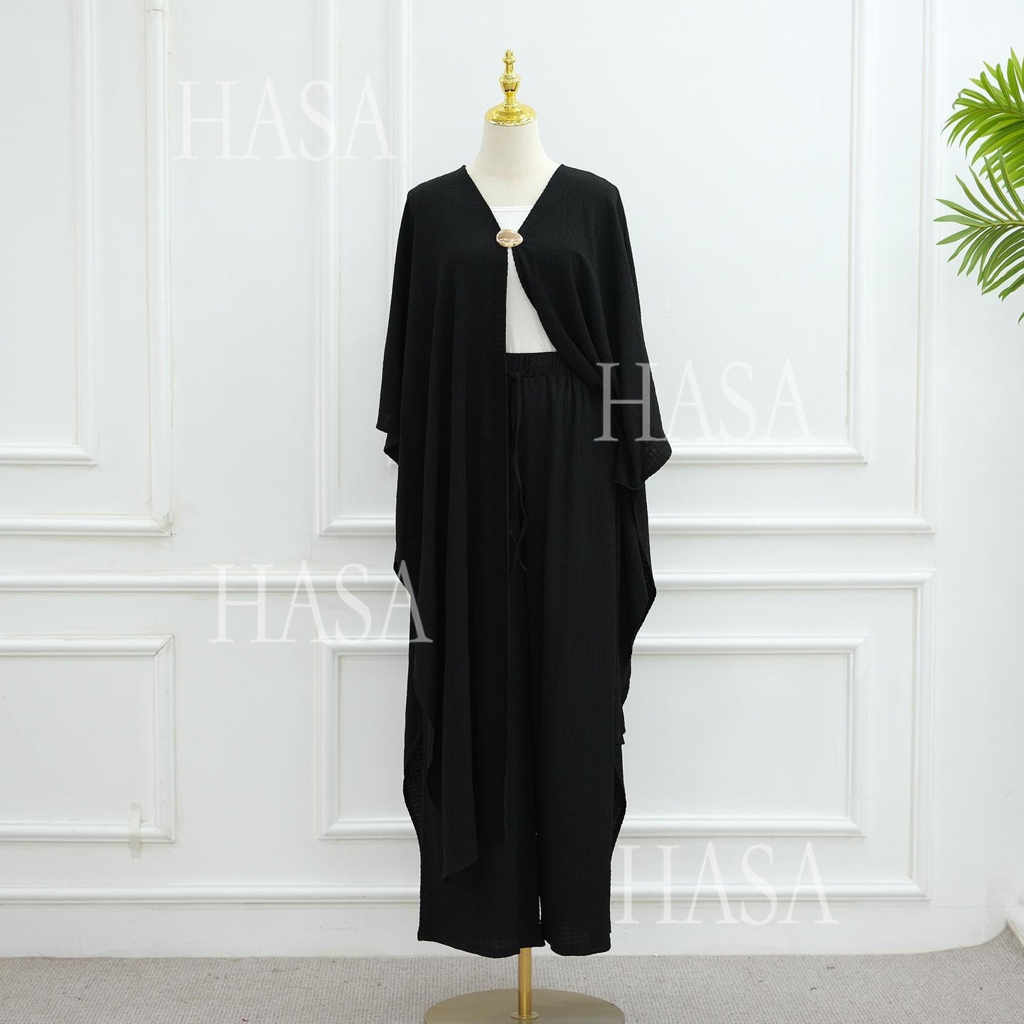 LUMAYA6486 Simple Cardigan with Wide-leg Pants, Solid Color Daily Two-piece Suit