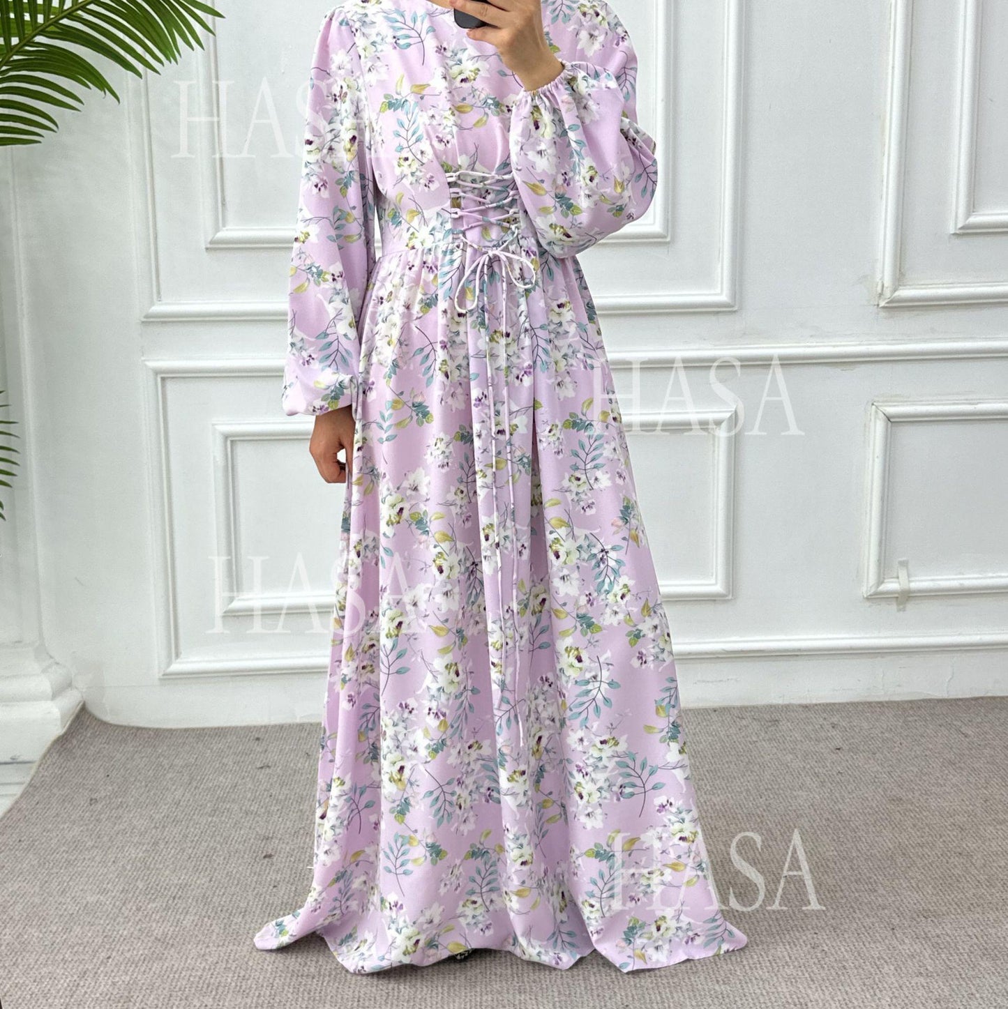 LUMAYA6489 Long-sleeved Floral Maxi Dress with Natural Waist
