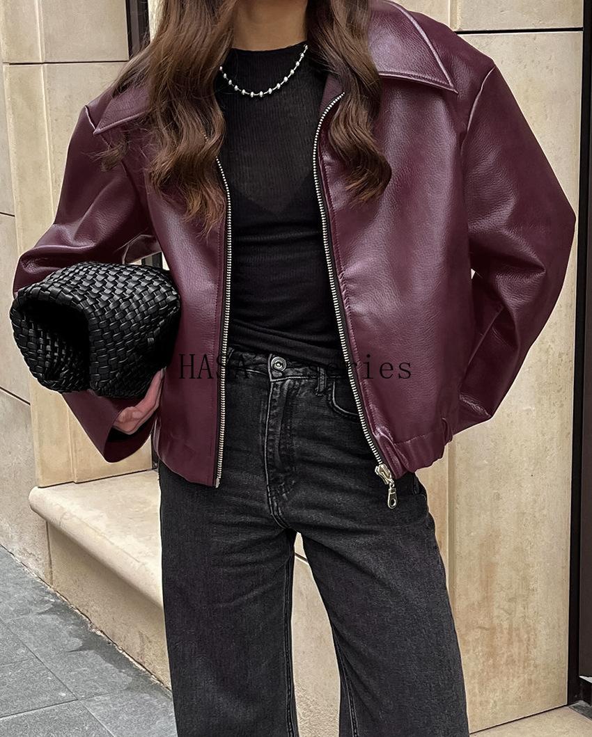 LUMAYA5775 This Classic, Minimalist Leather Short Jacket Is Stylish and Versatile, Perfect for Spring.