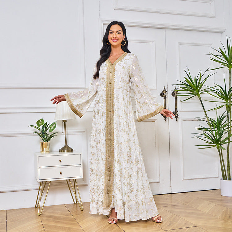 LM1249 Elegant Floral Abaya with Golden Detailing