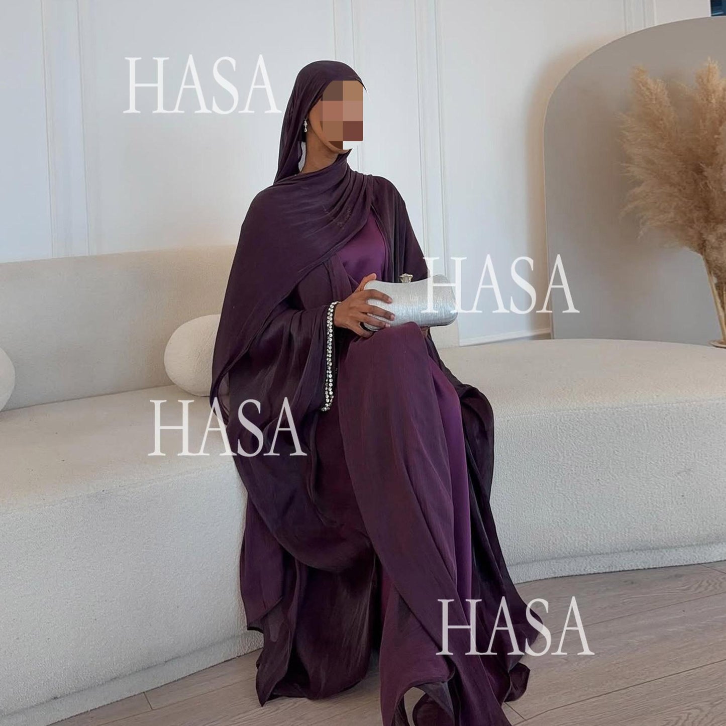 LUMAYA6553  Two-Piece Solid Abaya with Beaded Details and Matching Scarf Option