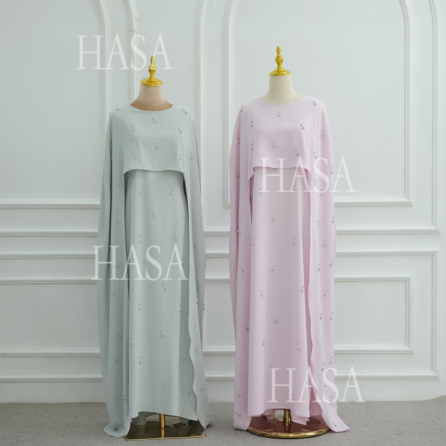 HA6505 Solid color beaded long dress with fake two-piece design