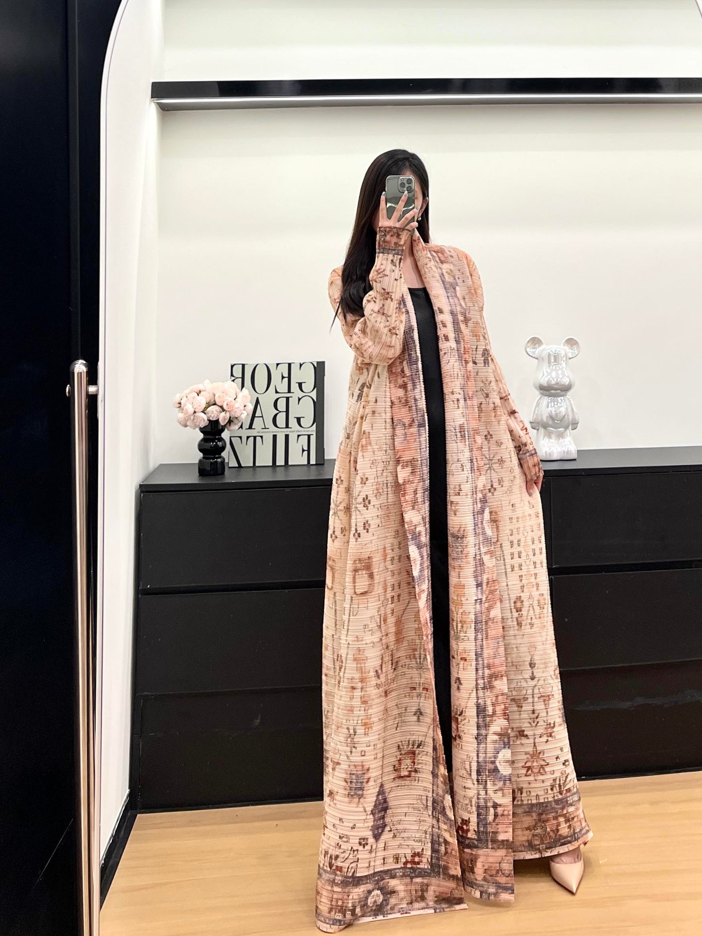 LUMAYA6728 Vintage Blush  Pink & Beige Printed Abaya with Artistic Motifs