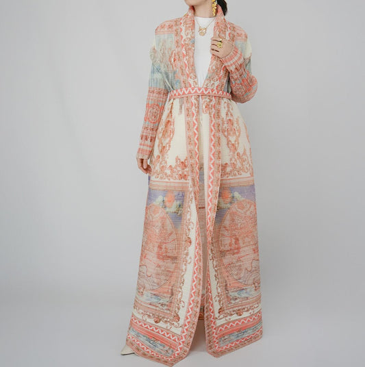 LUMAYA5839 Light-colored, Vintage-patterned, Long Open-front Coat (with Belt)