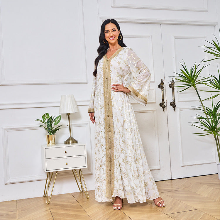 LM1249 Elegant Floral Abaya with Golden Detailing
