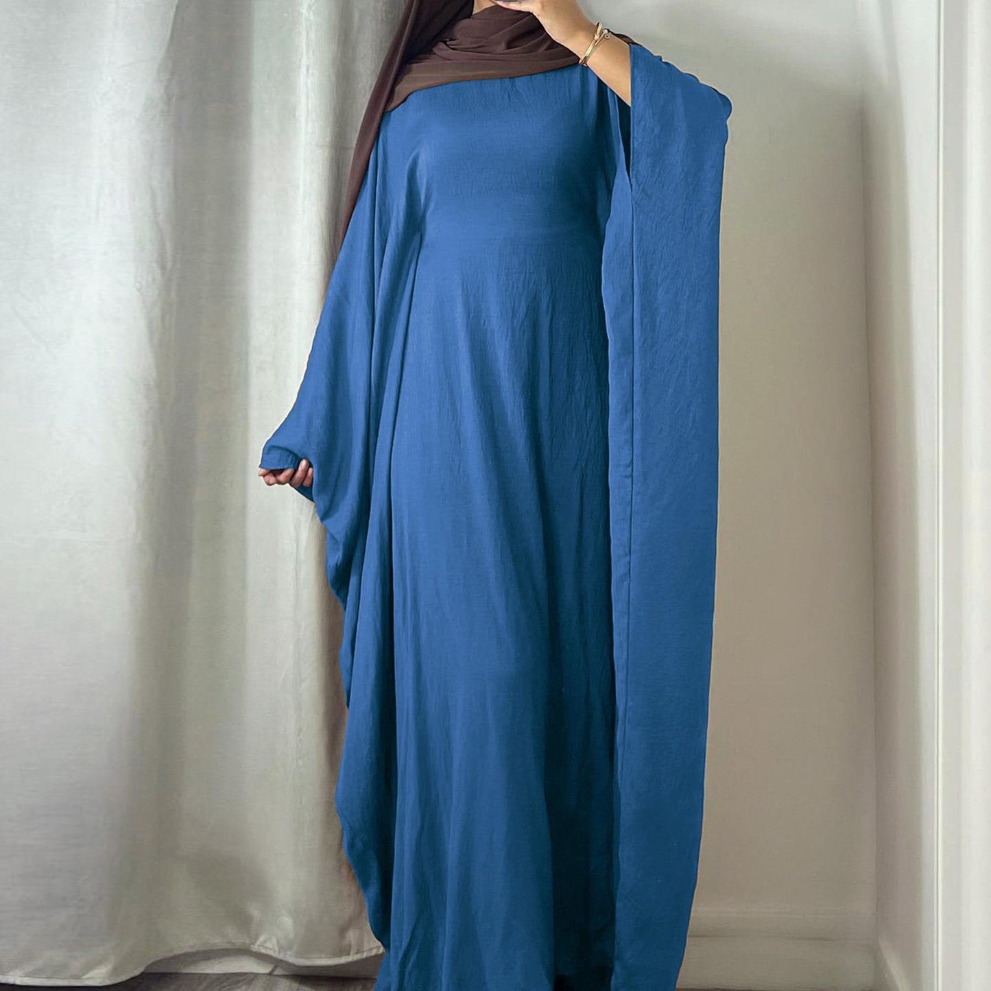LUMAYA LUMAYA0997 Crepe Kaftan with Built-in Belt Waist Bat Sleeves Dress