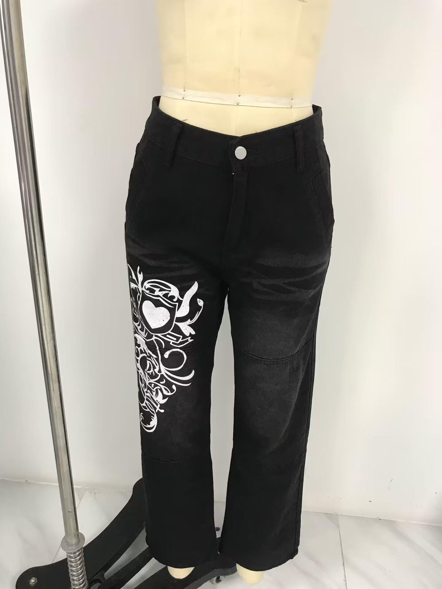 LUMAYA6382 Street Style Women's Clothing Irregular Printing Loose Trousers Low Waist Folds Washed for Old Multi-colored Jeans