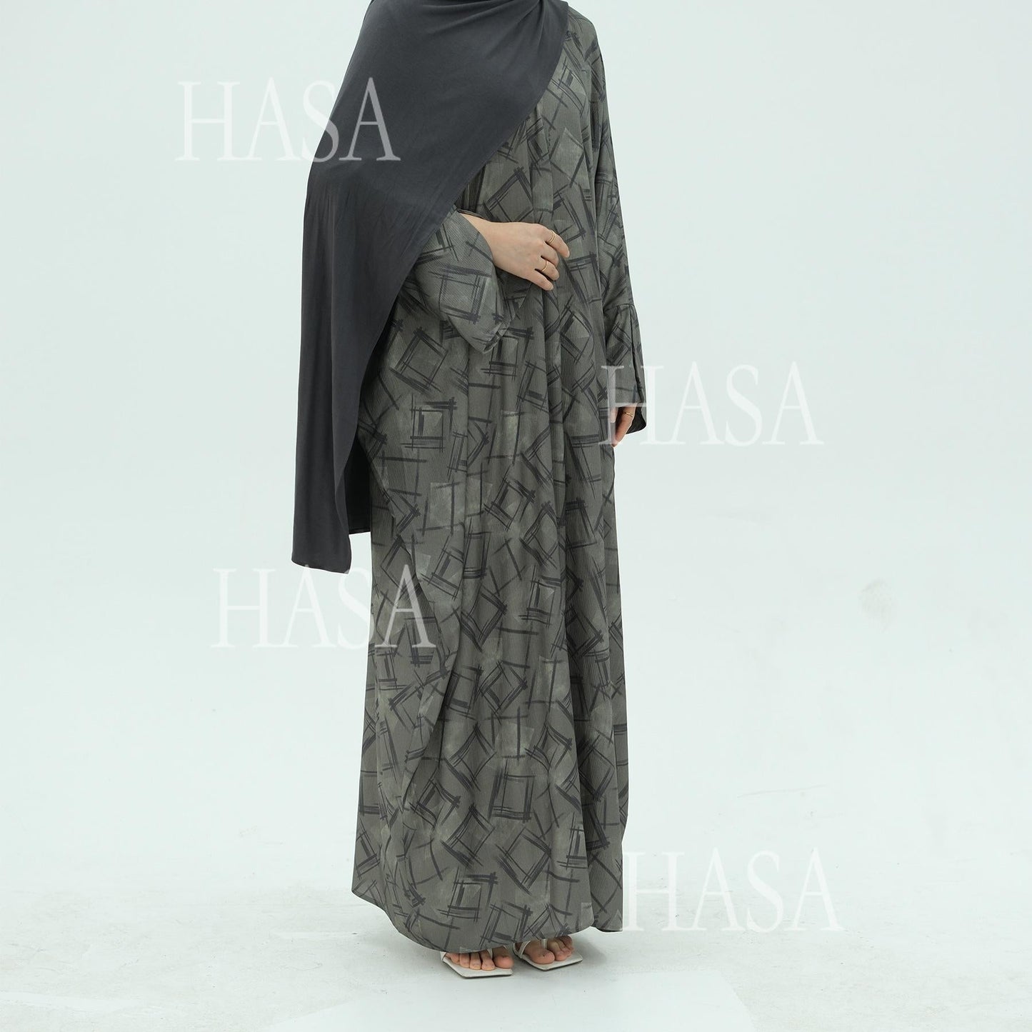 LUMAYA6504 Grey geometric print long cardigan Abaya (headscarf not included)