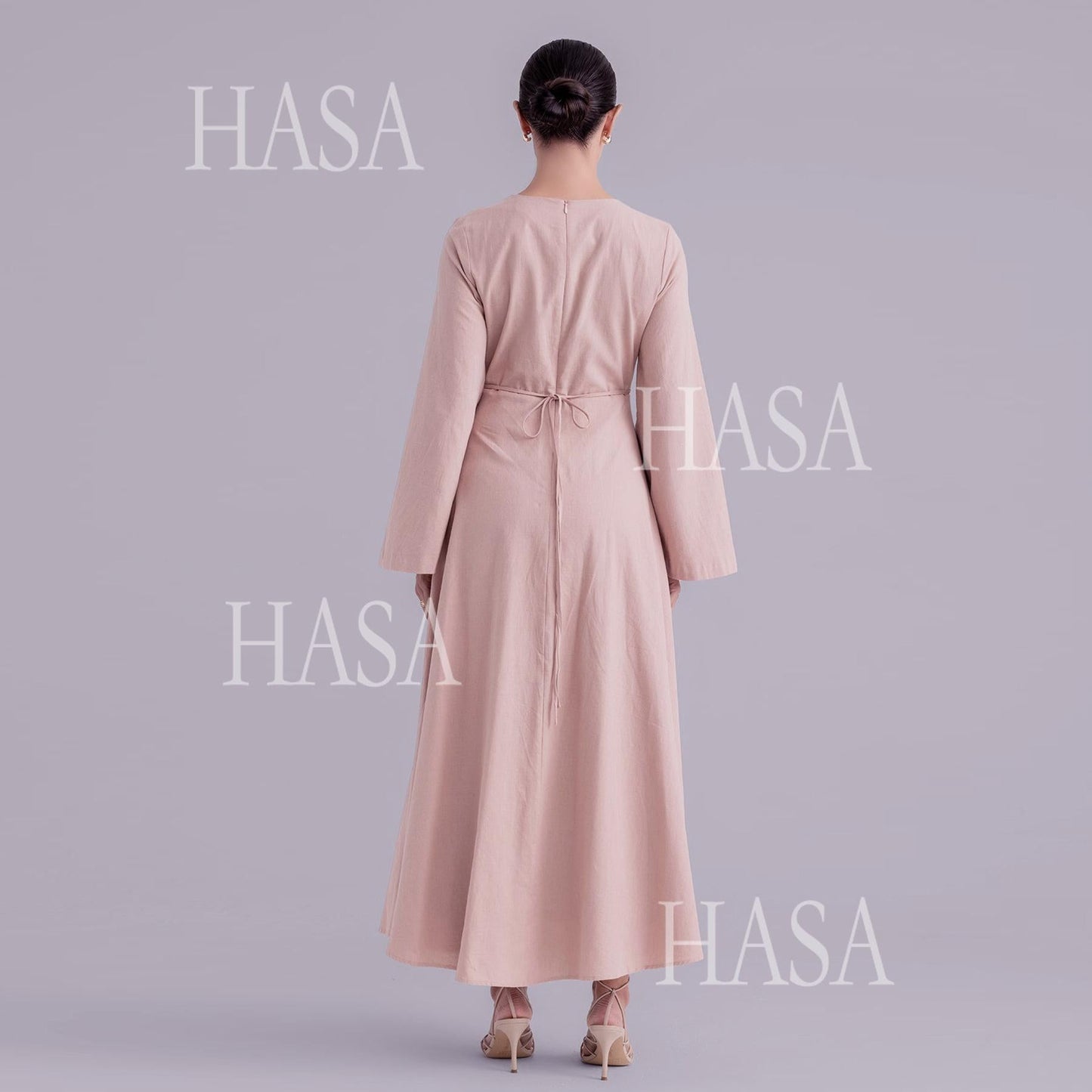 LUMAYA6494 Simple Solid Color Linen Bamboo Dress | Lace-Up Design