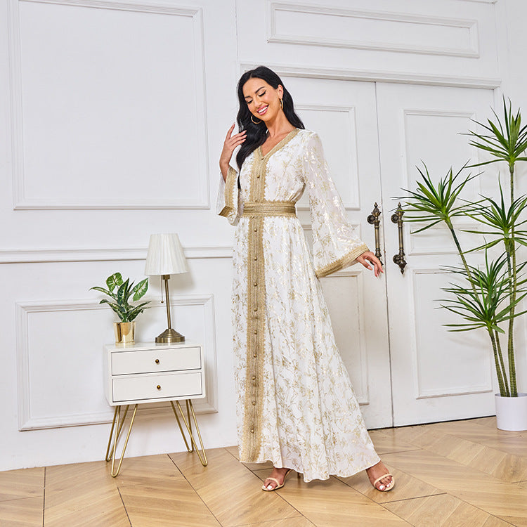 LM1249 Elegant Floral Abaya with Golden Detailing