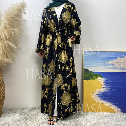 LM6589 Gold-stamped long cardigan with a flowing design