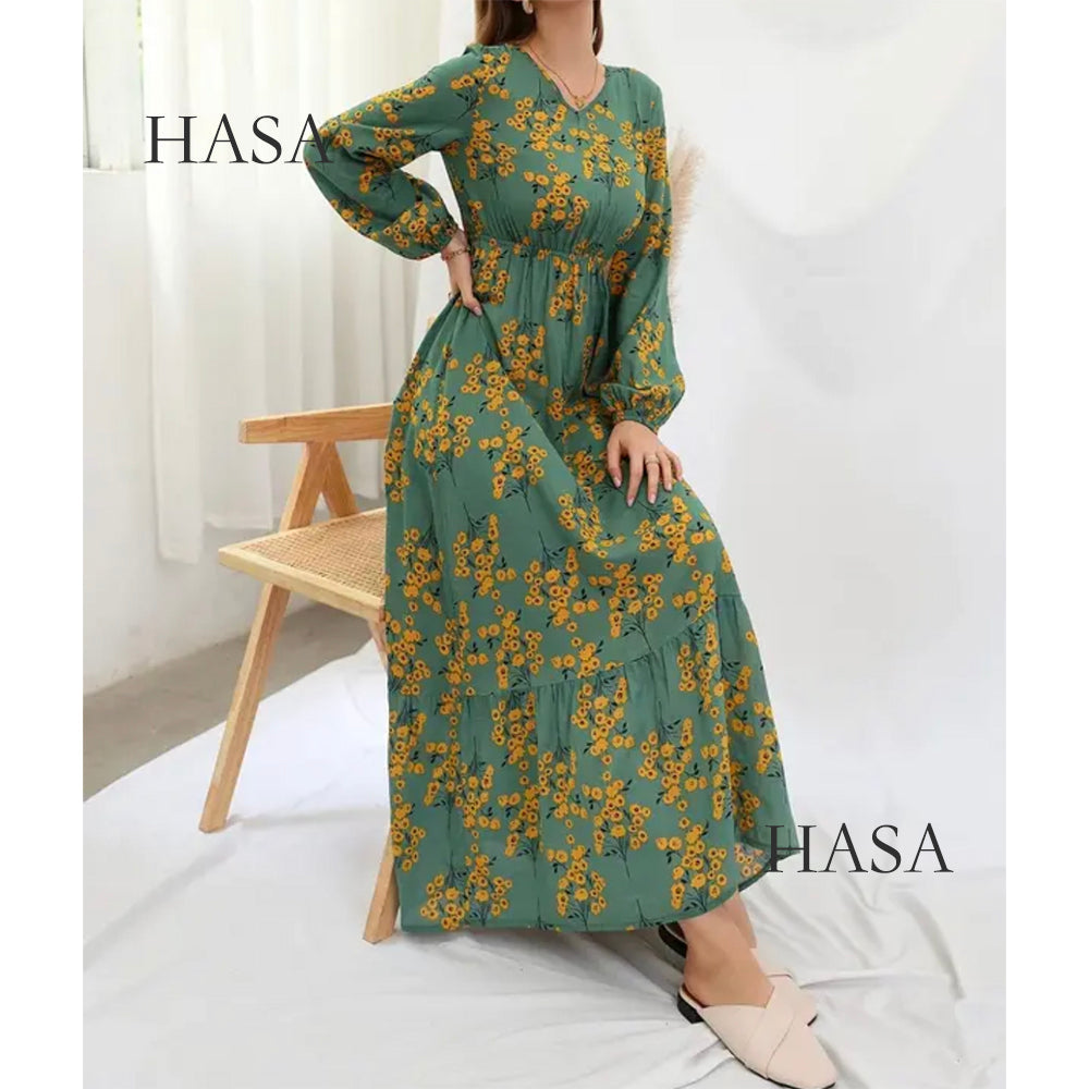 LUMAYA0819 Rayon long dress V-neck flower dress