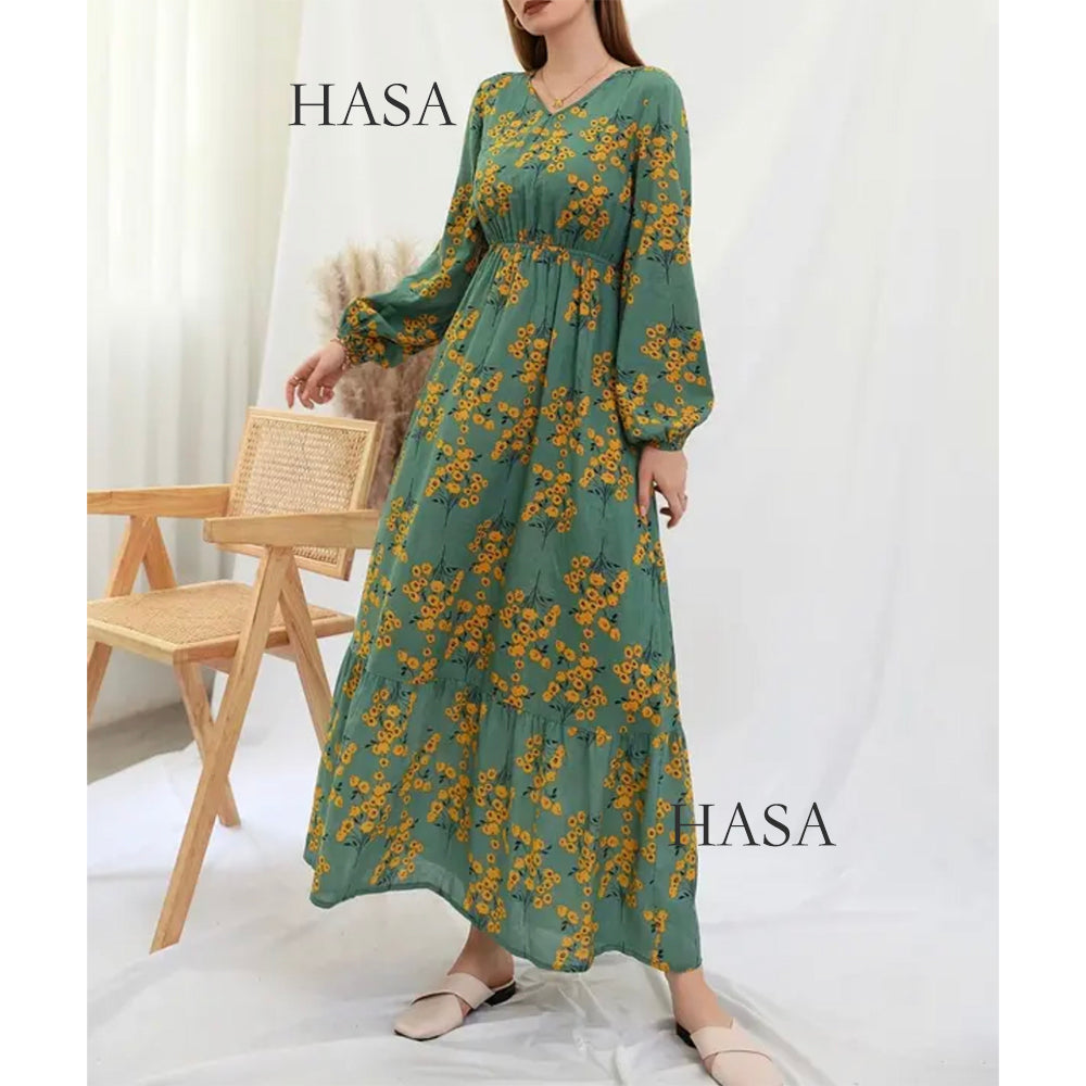 LUMAYA0819 Rayon long dress V-neck flower dress