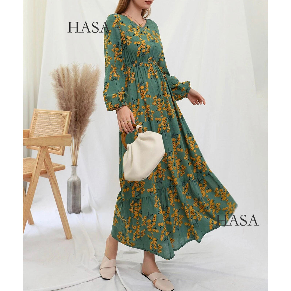 LUMAYA0819 Rayon long dress V-neck flower dress