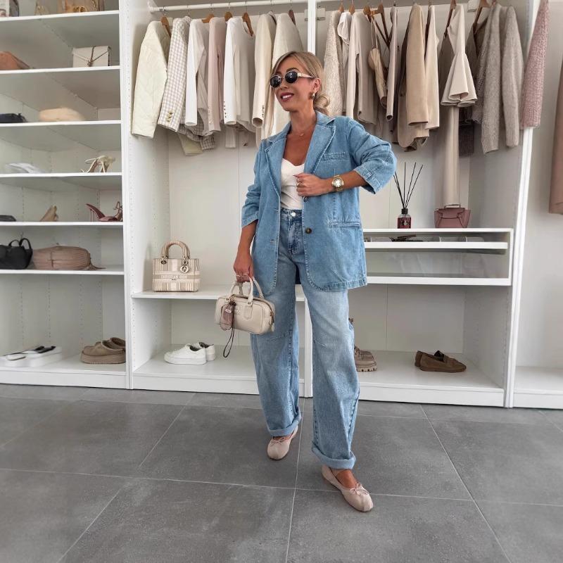LM6181 Fashionable Casual Loose Washed Blue Denim Women's Blazer