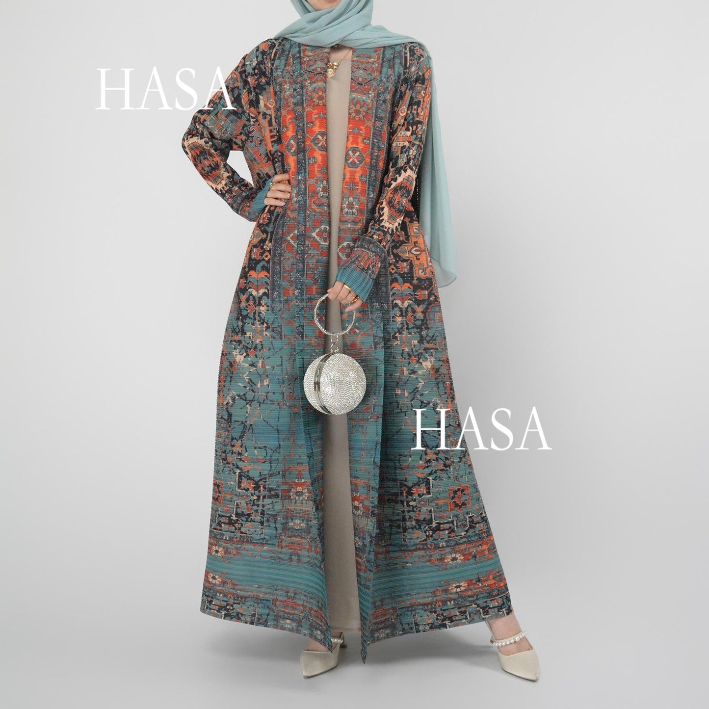 LUMAYA5850 Retro Oil Painting Print Belted Open-front Long Coat