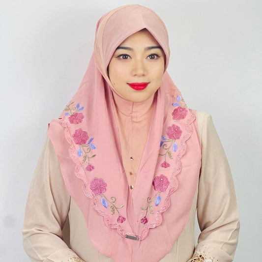 LUMAYA LM1105 Double Layered Floral Embroidered Lace Headscarf for Women