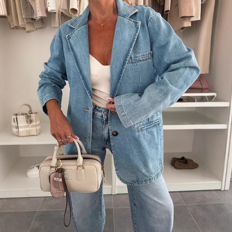 LM6181 Fashionable Casual Loose Washed Blue Denim Women's Blazer