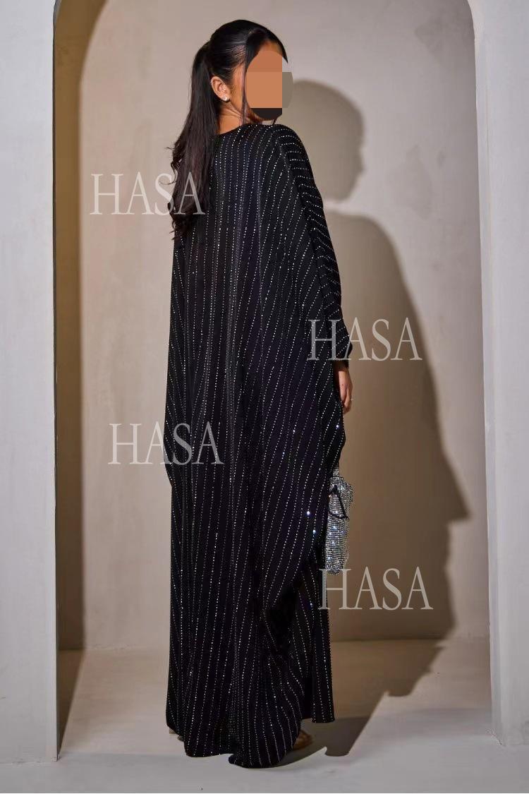 LUMAYA6483 Drape Rhinestone Gown with Simple Wide Sleeves