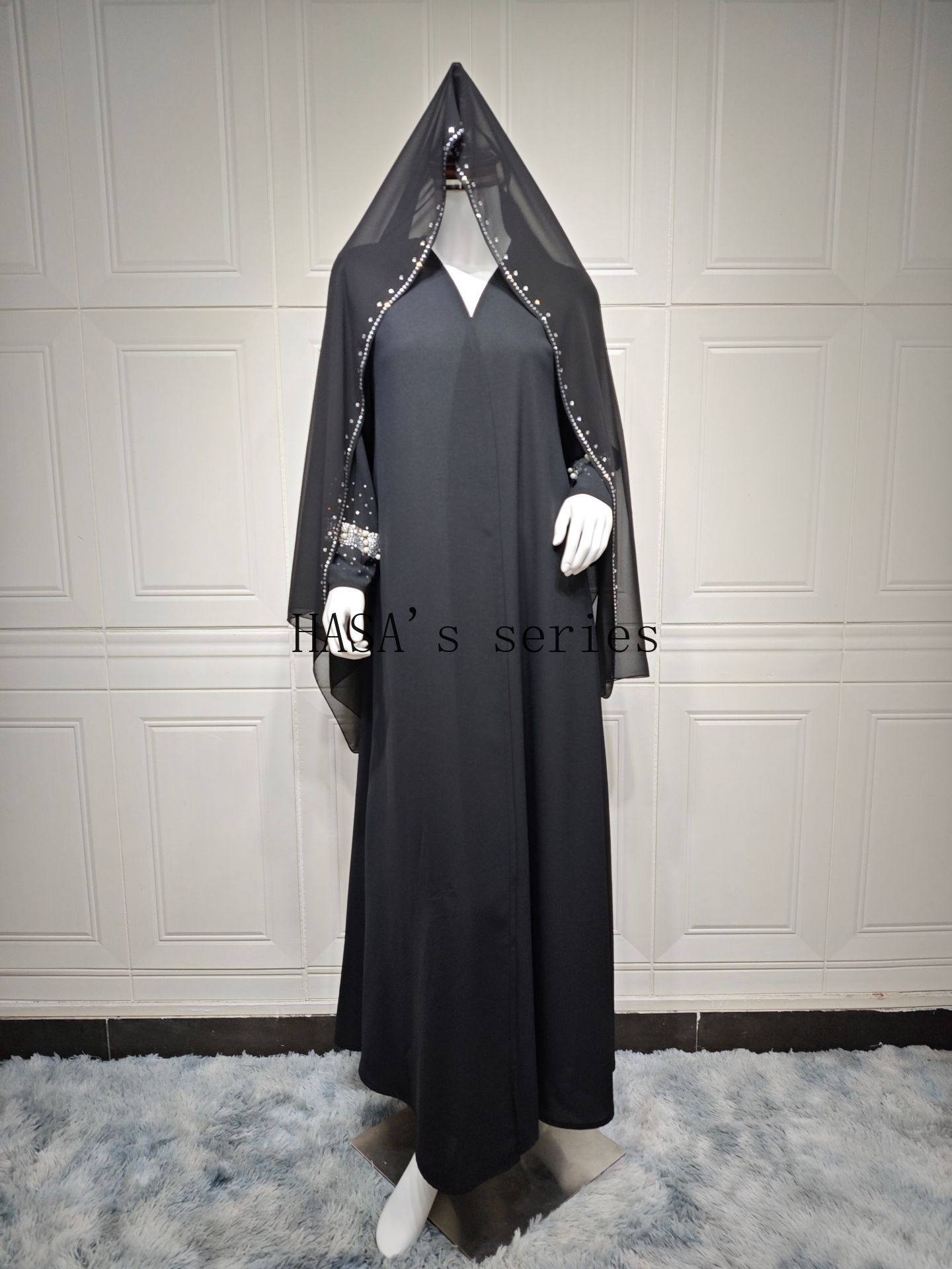 LUMAYA5097 Elegant Black Rhinestone-embellished Gown, Two-piece Beaded Set with Headscarf.