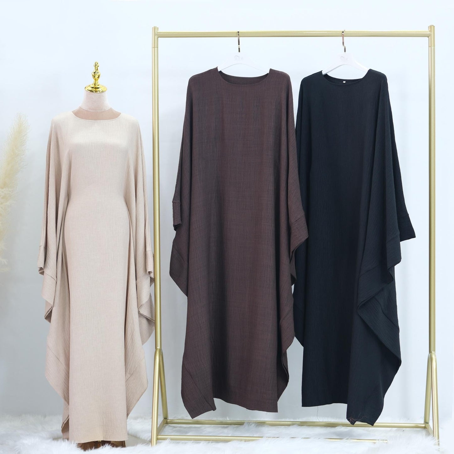 LUMAYA LM1177 Waist Raging Bat Sleeves Dress Crepe Kaftan with Built-in Belt