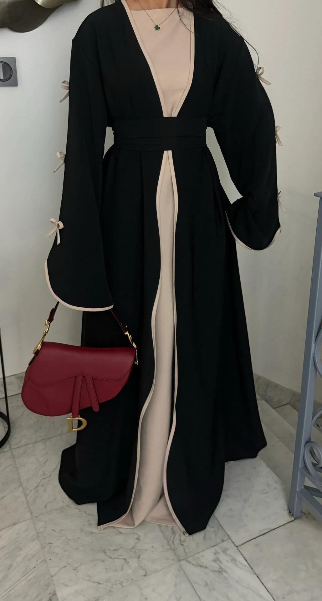 LUMAYA5883  A Two-piece Robe and Skirt Set with A Soft Bow and A Belt Design open abaya outfit