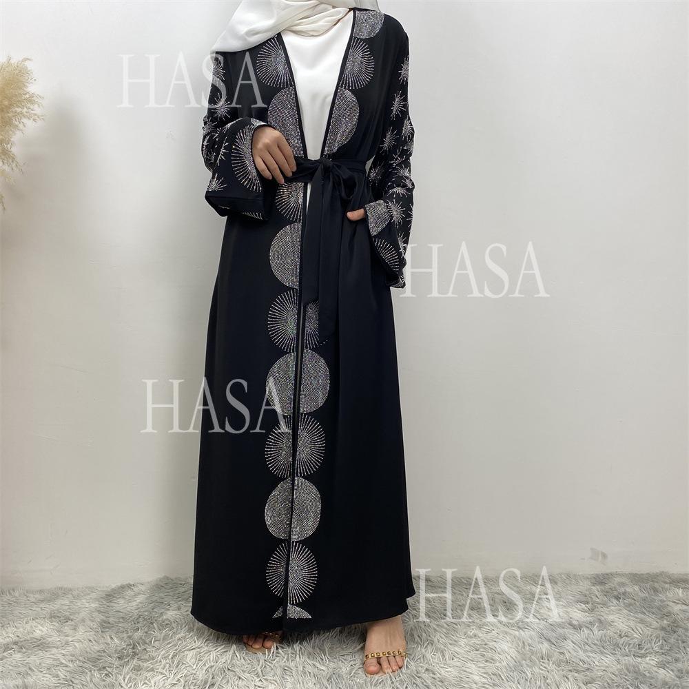 LM6588 Black Cardigan Dress with Rhinestone Embellishment and Pockets