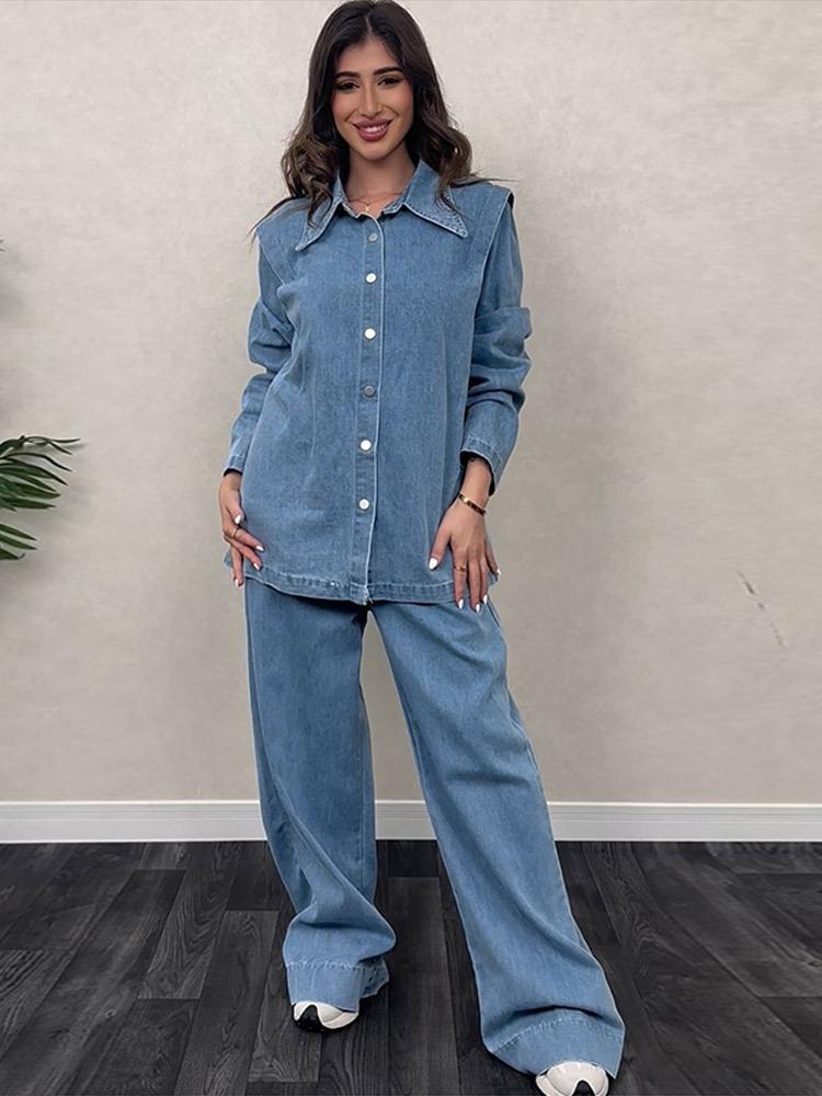 LM5890 Completo in Denim Lavato Primaverile Per Donne Con Cintura, Giacca Monopetto A Maniche Lunghe E Pantaloni A Vita Alta