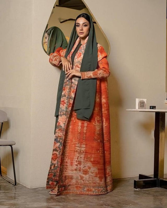 LUMAYASASERIES LUMAYA6714 Desert Bloom Vibrant Orange Abaya with Floral Prints