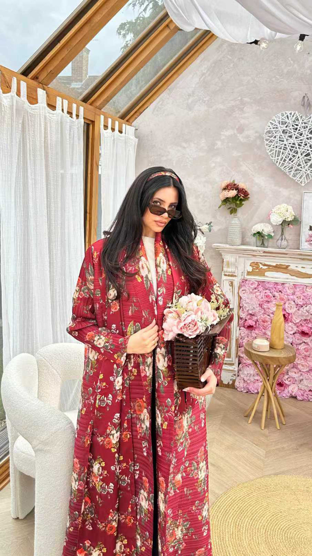 LUMAYA6701 Spring Blooms Burgundy Printed Pleated Abaya Cardigan