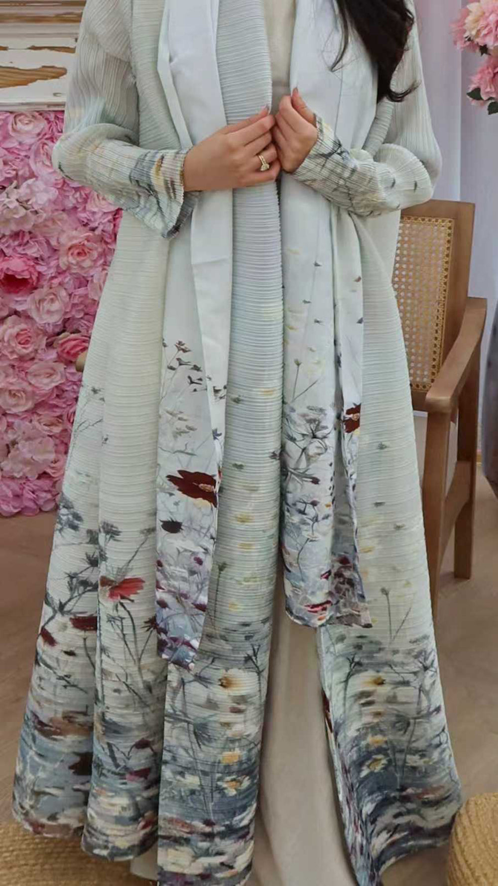 LUMAYA6701 Spring Blooms Burgundy Printed Pleated Abaya Cardigan