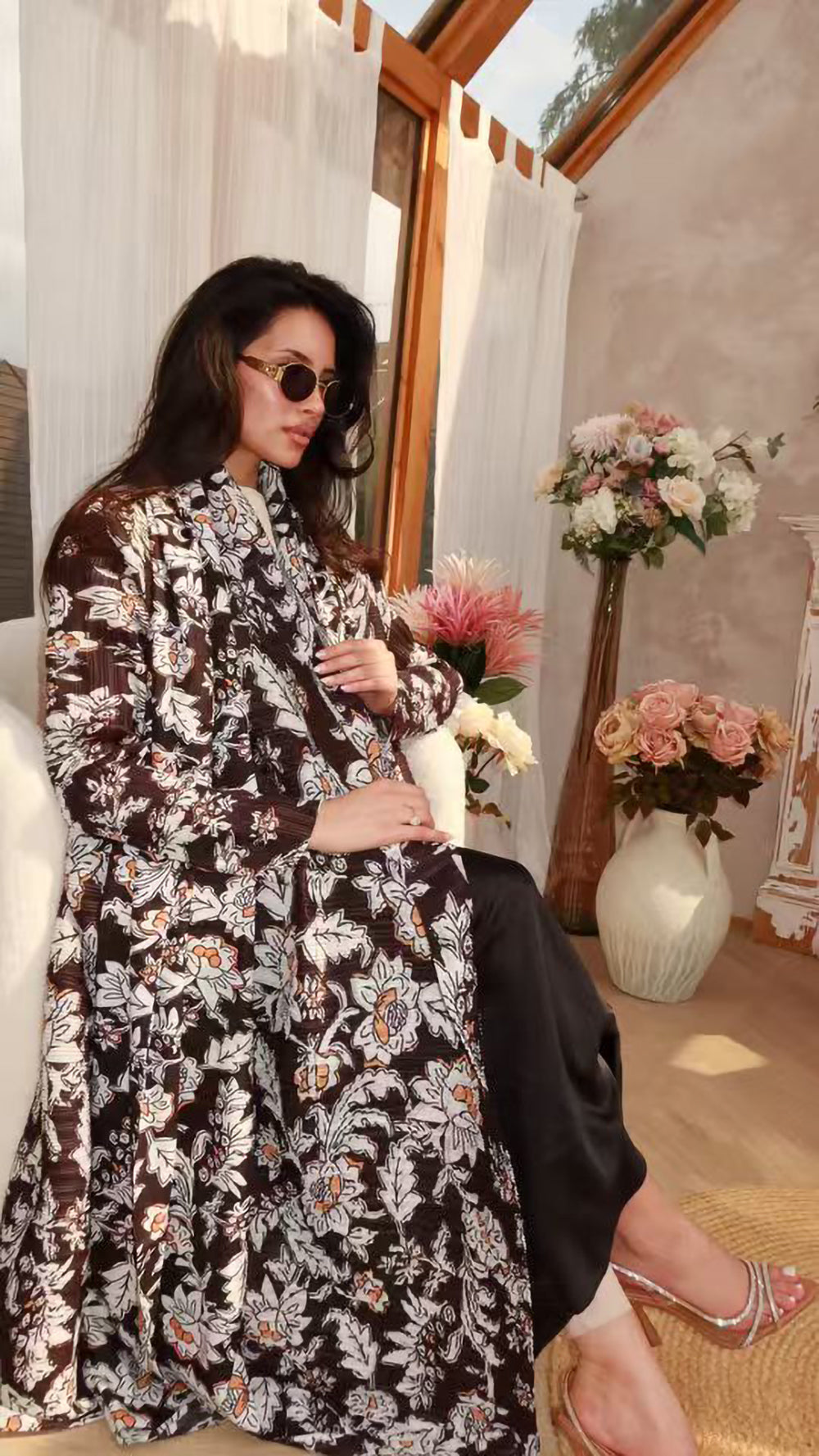 LUMAYA6701 Spring Blooms Burgundy Printed Pleated Abaya Cardigan