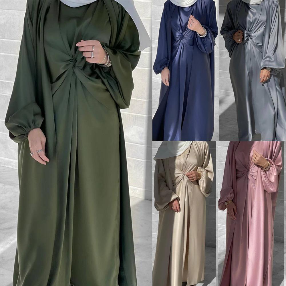 LUMAYA10061 Fashion solid colour two-piece dress cardigan set Abaya