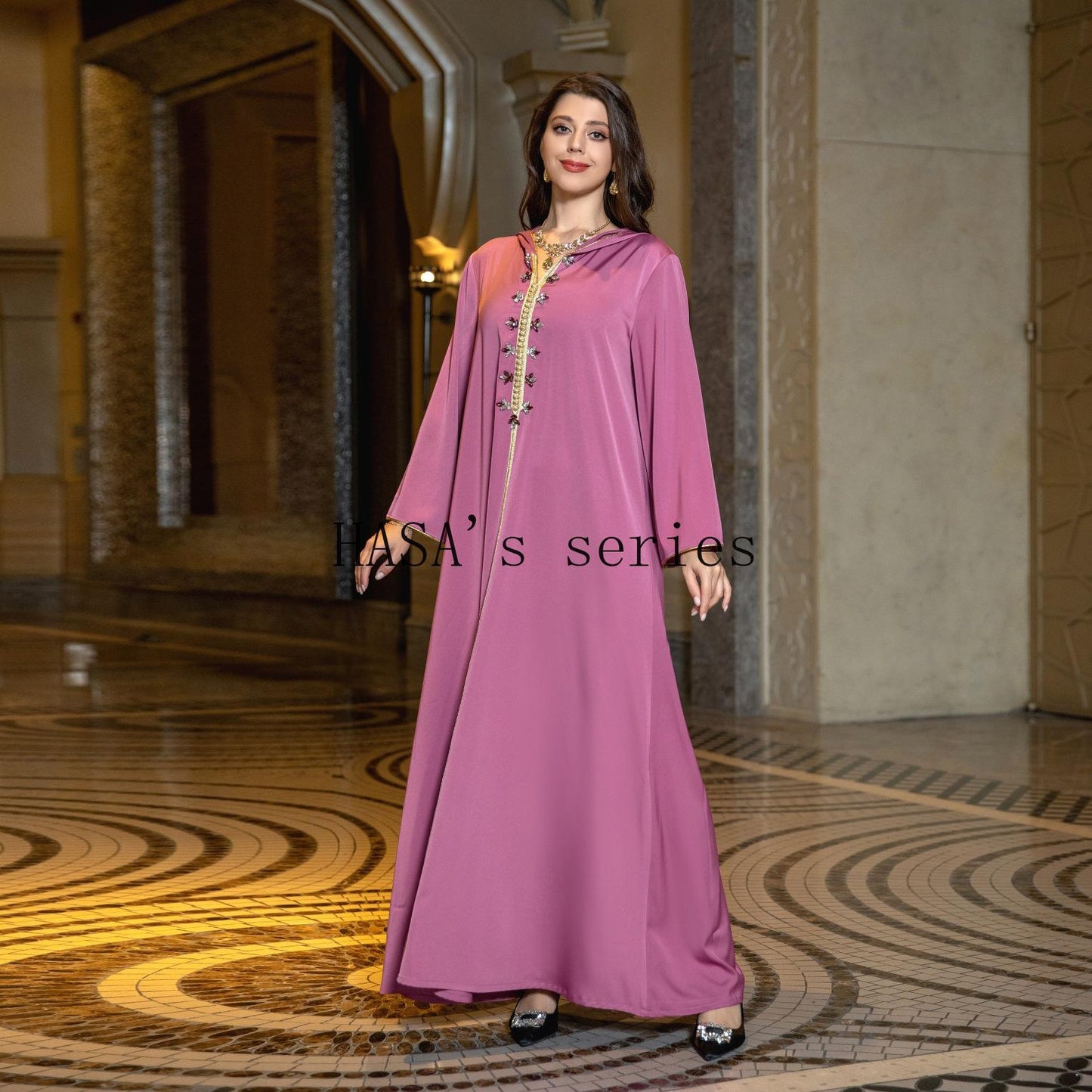 LMSA's Series  LM1231 Jeweled Ribbon Satin Home Dress Abaya
